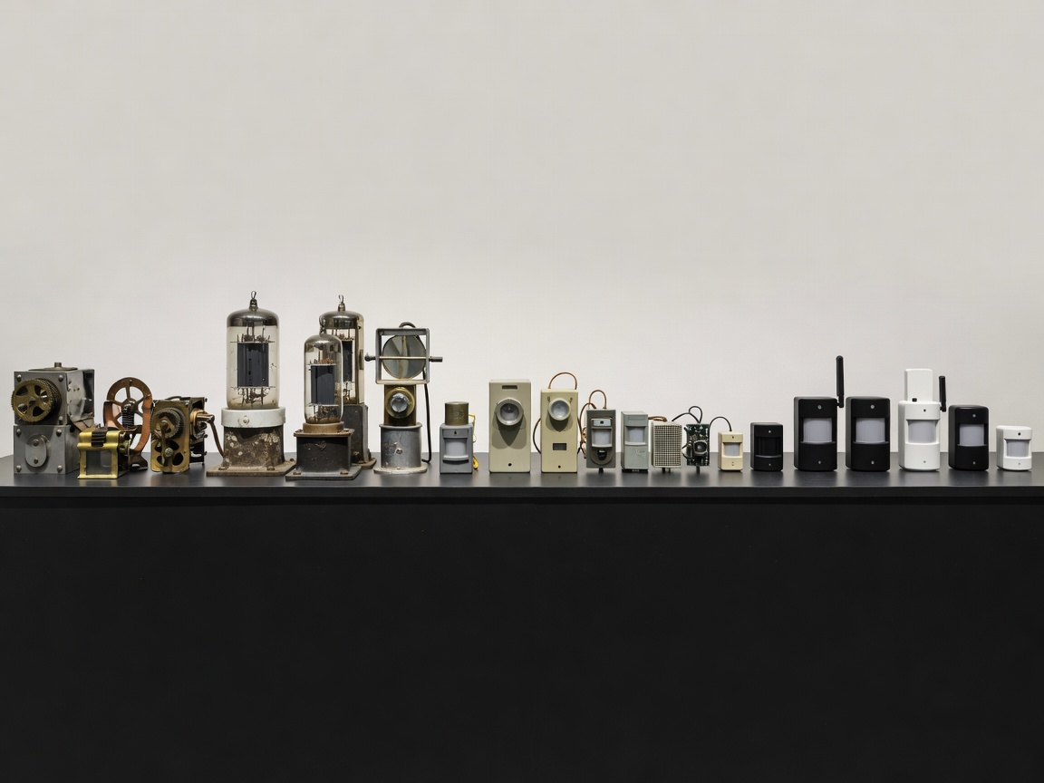 A variety of security sensors arranged chronologically to show technological progression