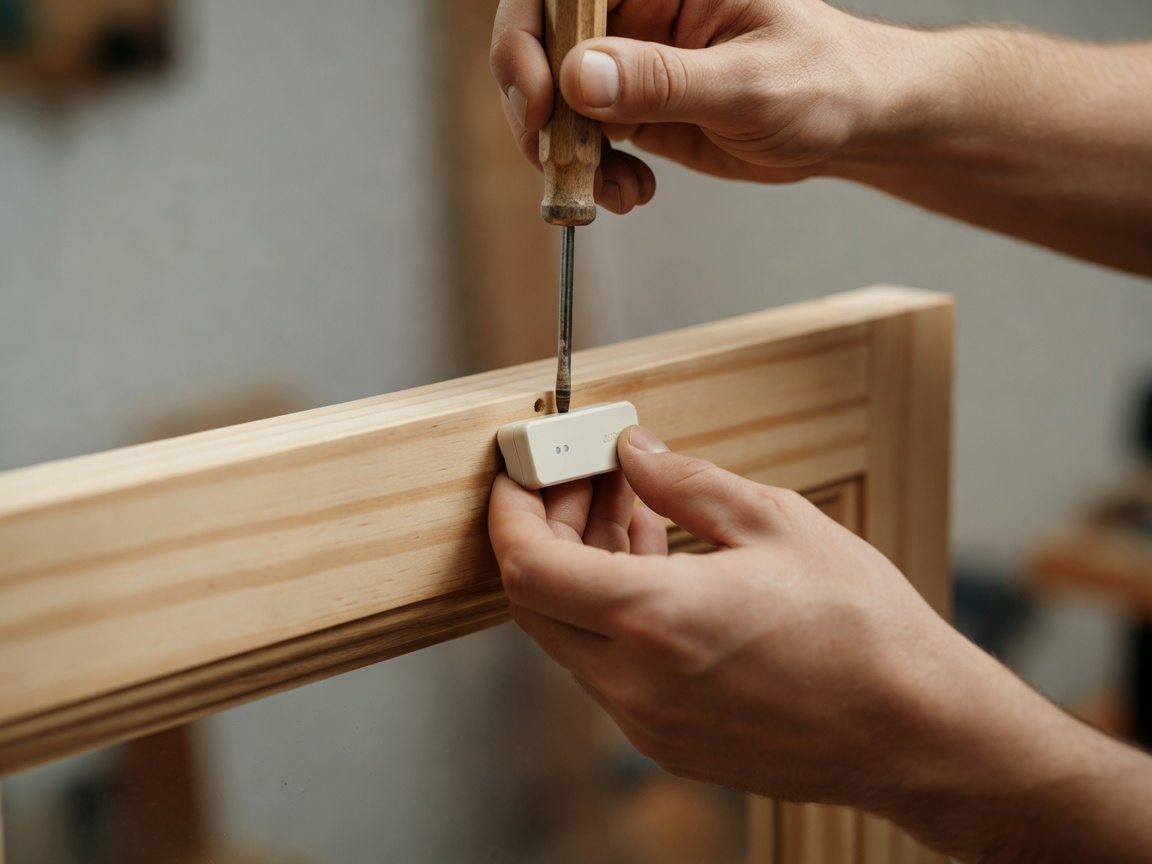 Close up of a person using a screwdriver to install a surface mount sensor on a wooden frame