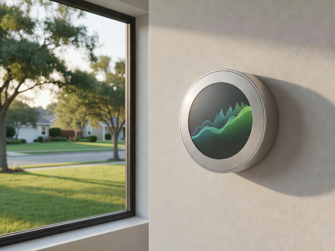 Concept image of a thermostat showing energy savings next to a window