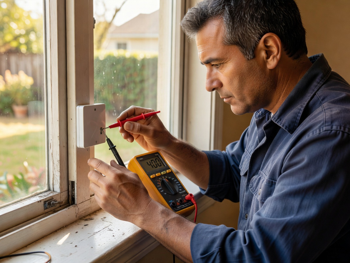 Person inspecting a window sensor with a multi-meter