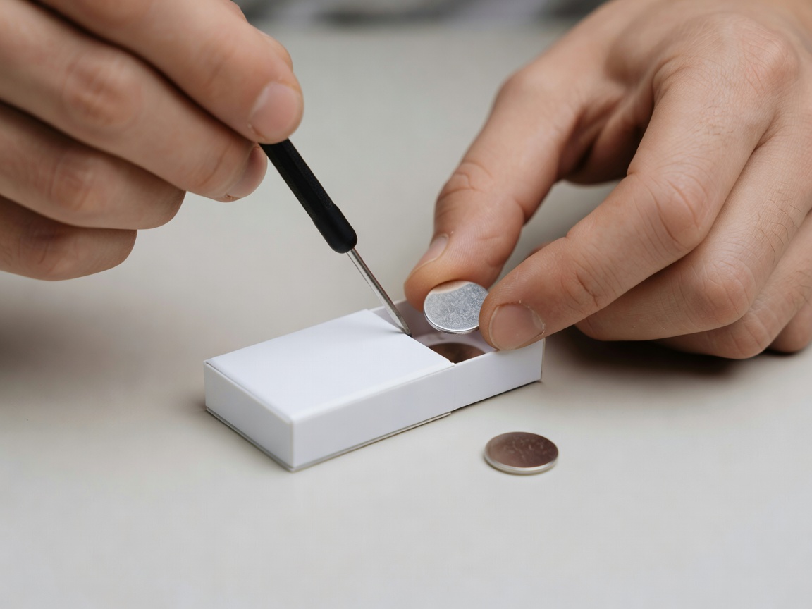 Person replacing a coin cell battery in a small white electronic device