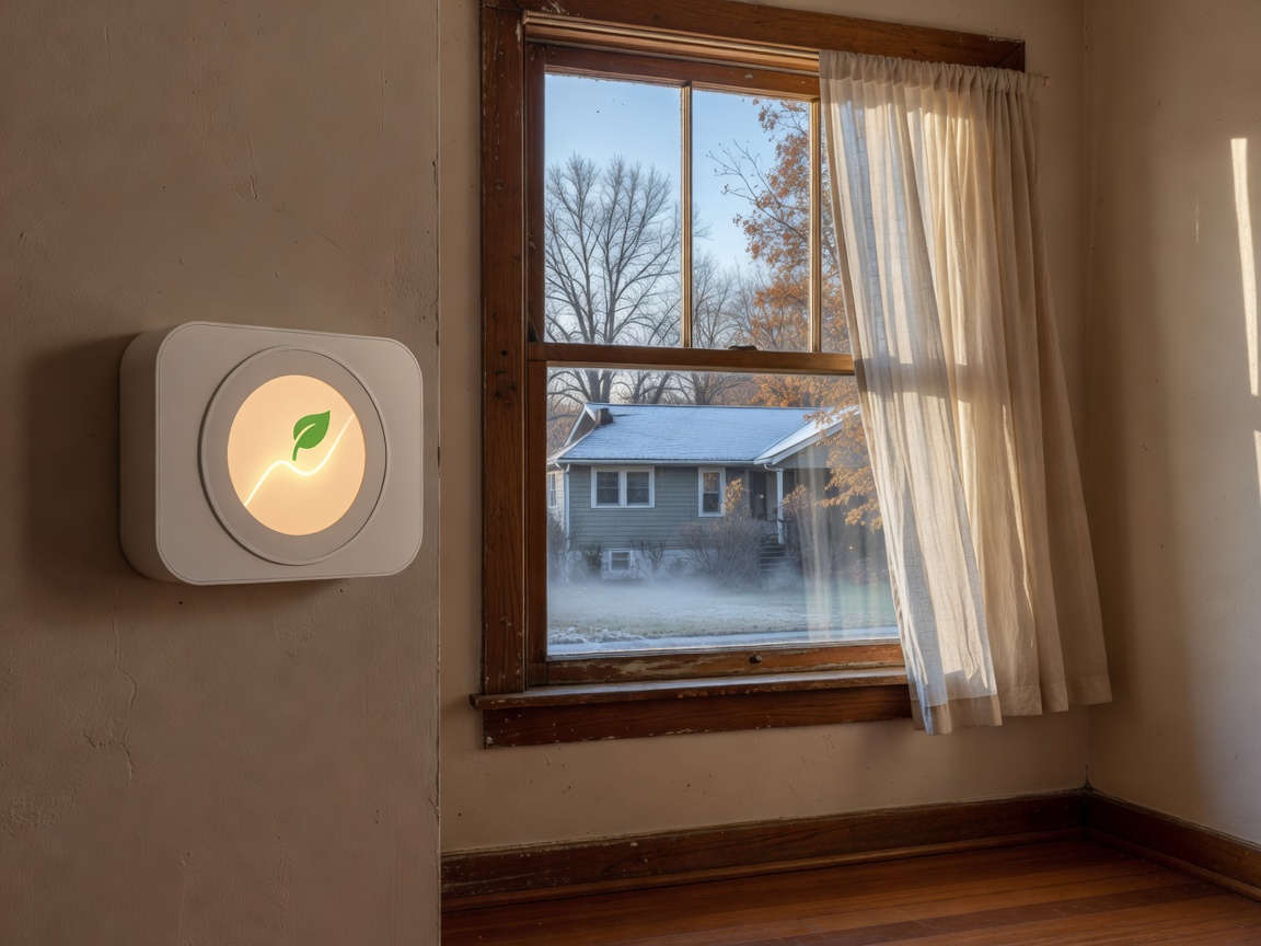 Thermostat device next to an open window illustrating energy efficiency