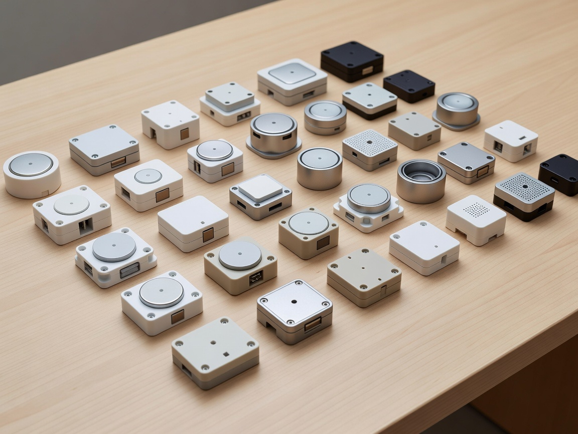 Various types of magnetic and acoustic window sensors arranged on a table